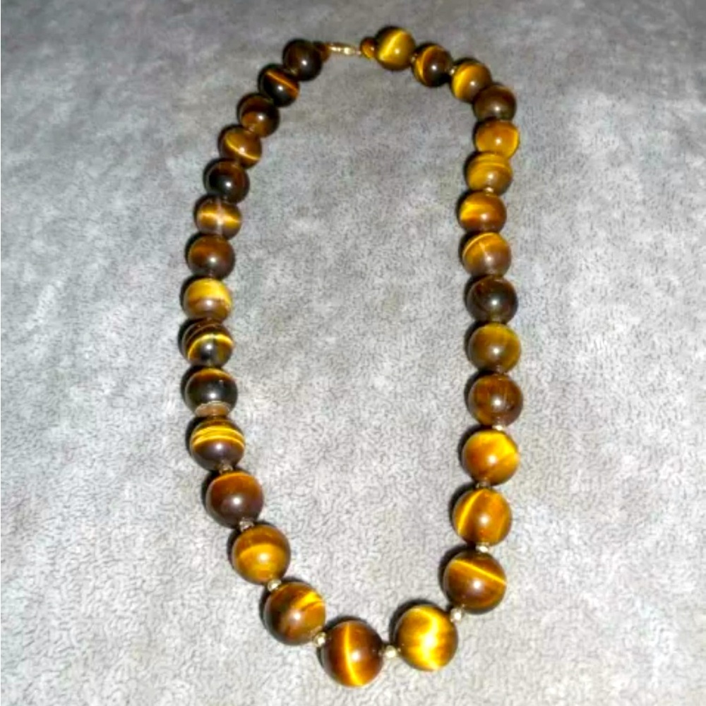 Tigers Eye Cabochon bead necklace 14k gold clasp